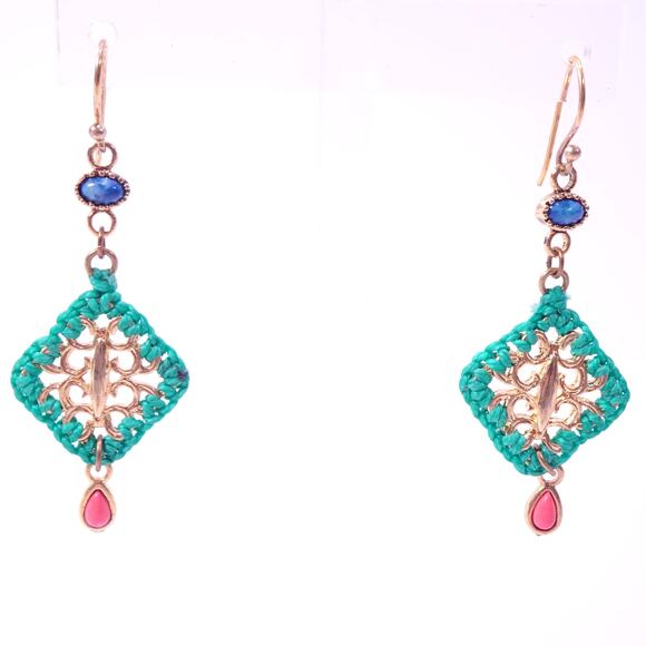 Neiman Marcus Majestic Cabochon Turq RED Green Woven Cabochon Earrings NWT 178 - Picture 4 of 6